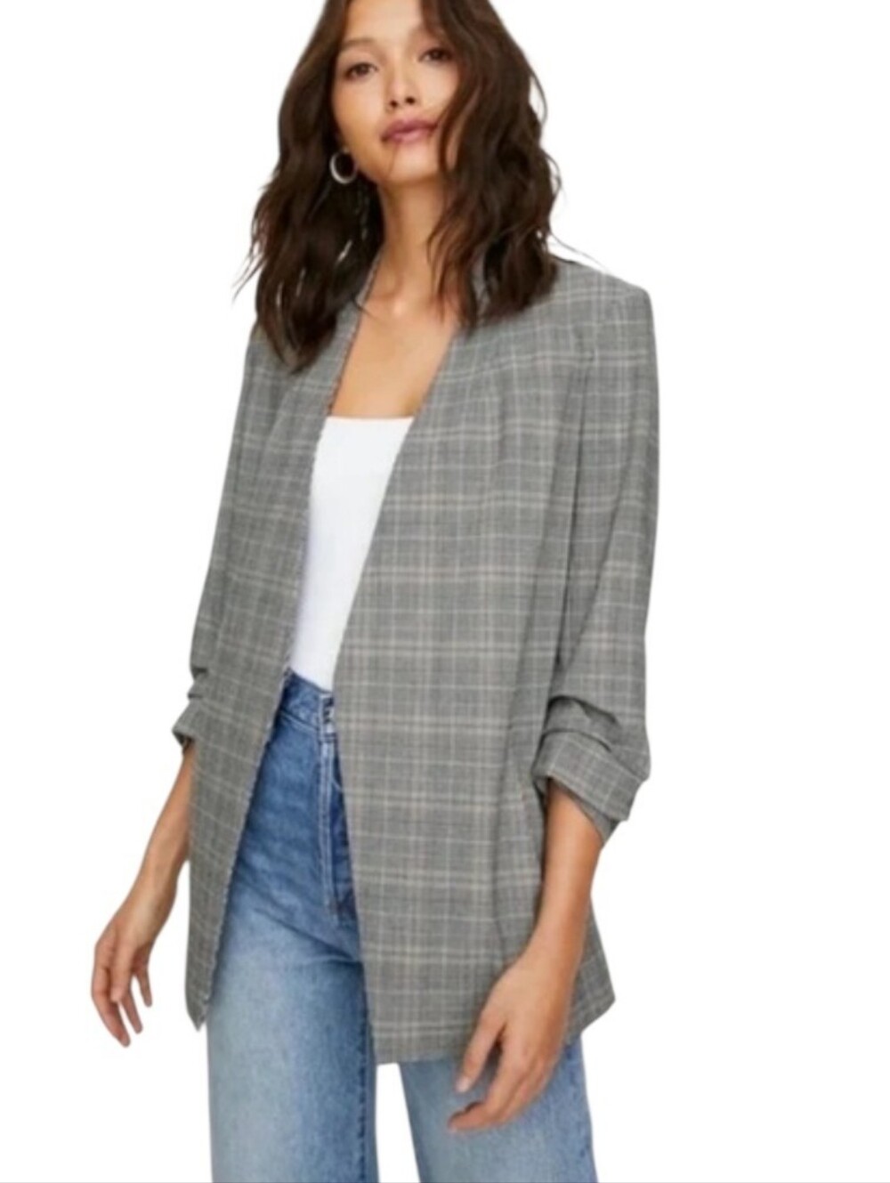 Aritzia Babaton Power Hip Blazer Gray Glen Check Plaid Ruched 3/4 Sleeve